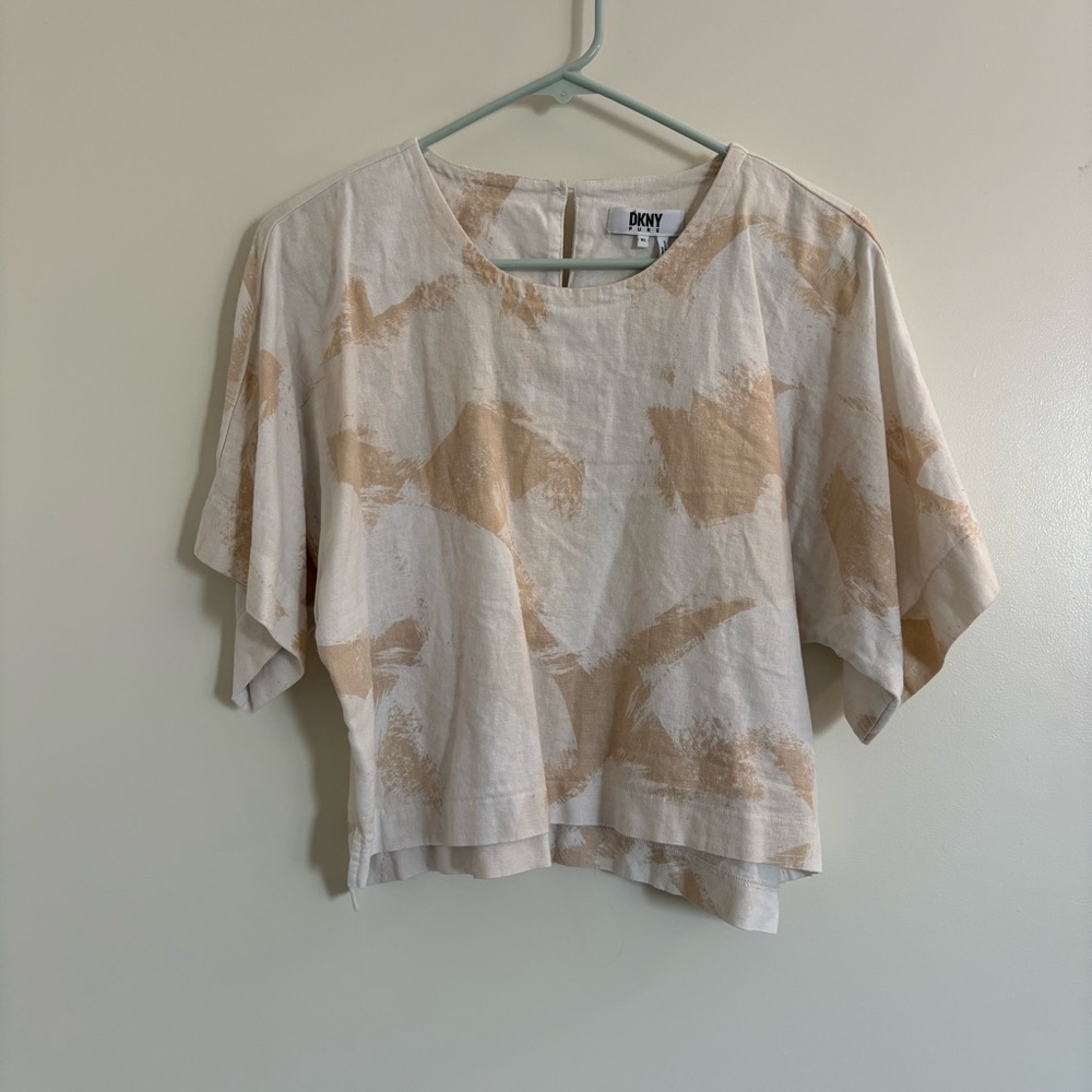 DKNY Pure Women’s Size XL Linen Blend Cream Cropped Top Patchwork Abstract